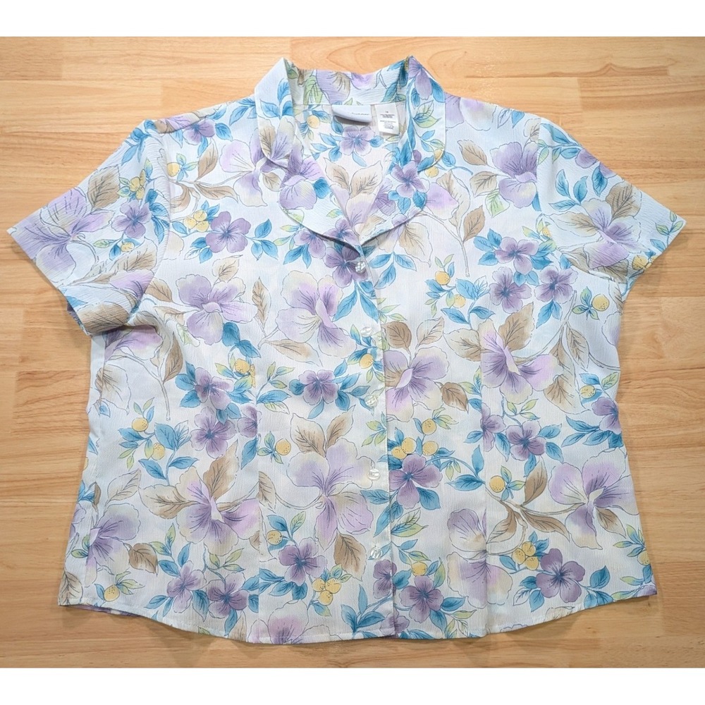 Alfred Dunner Women 18 Floral Button Up Blouse Short Sleeve Textured Purple Blue
